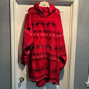 “Comfy” Red Hooded Pullover with Reindeer Pattern